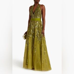 Elie Saab Olive Green Halter-Sequin Evening Gown
